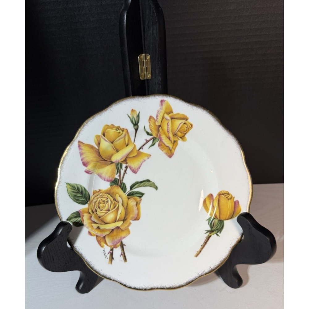 VTG  Queen Anne Bone China 8" Plate Royal Yellow Roses/Gold Trim England Peace